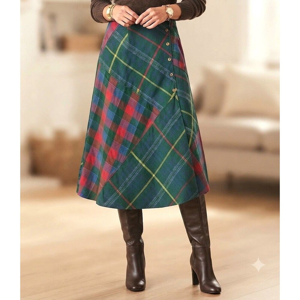 ​Lizwear Vintage Plaid Midi Skirt Size 12 Cotton Asymmetric Bias Cut Green Red